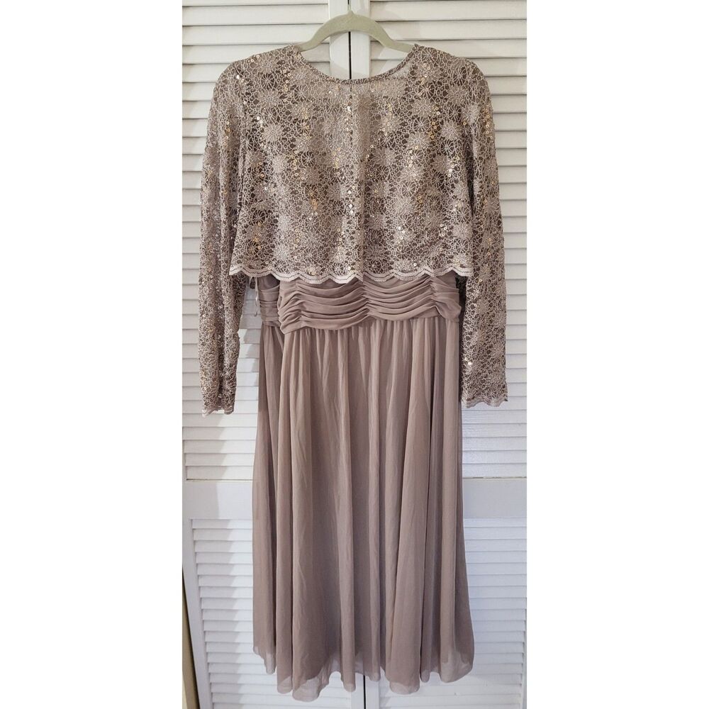 Long Sleeve Beige Lace Dress by R&M Richards – Size 14 - Picture 2 of 4